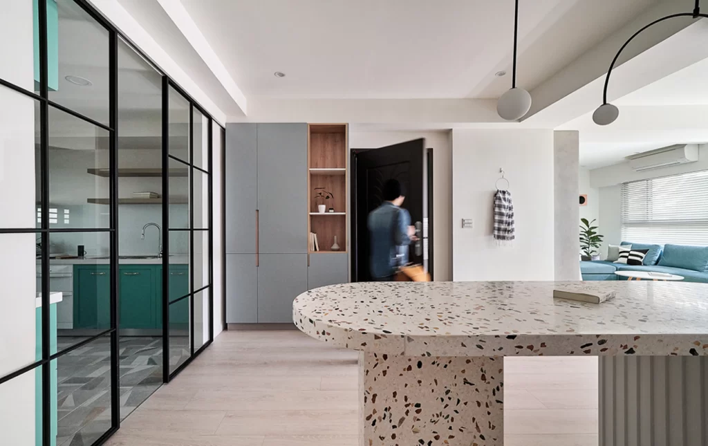 Contemporary Kitchen Neutral Color Palette Terrazzo Countertop Glass Doors Open Shelving