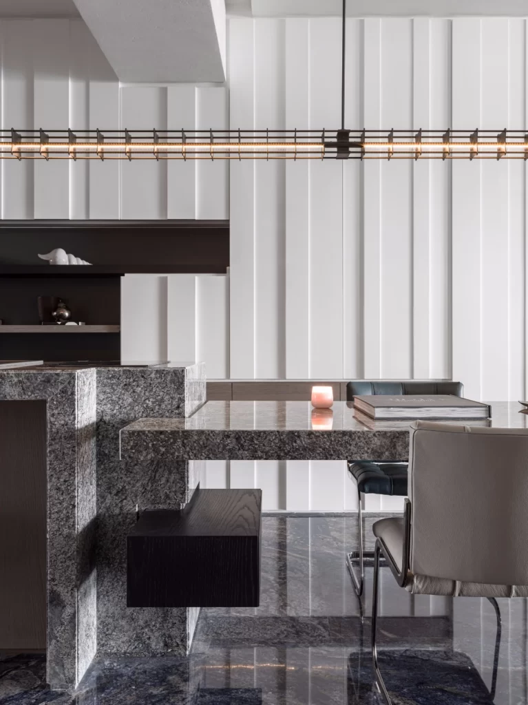 Contemporary Kitchen Neutral Tones Granite Countertop Sleek Lighting