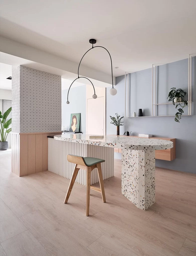 Contemporary Kitchen Terrazzo Light Wood Blue Walls Minimalist