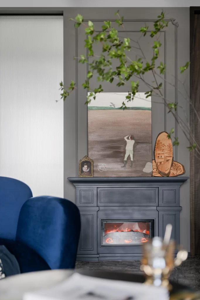 Contemporary Living Room Blue Gray Neutral Fireplace Artistic