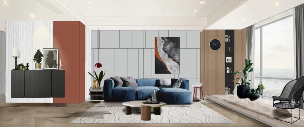 Contemporary Living Room Blue Neutral Gray Wood