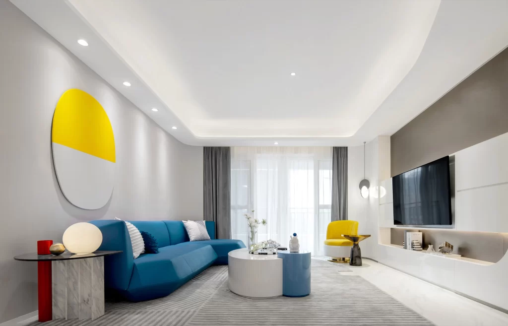 Contemporary Living Room Blue Yellow White Minimalist