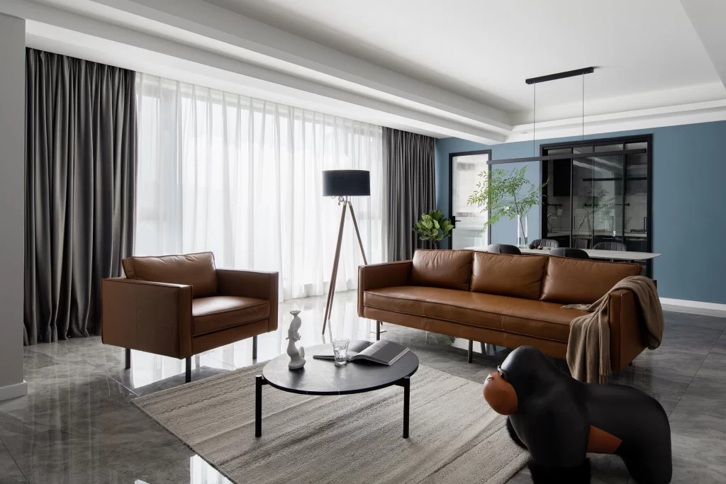 Contemporary Living Room Brown Blue Neutral Leather