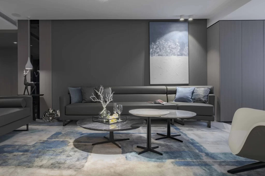 Contemporary Living Room Dark Gray Blue Accents Minimalist Artistic