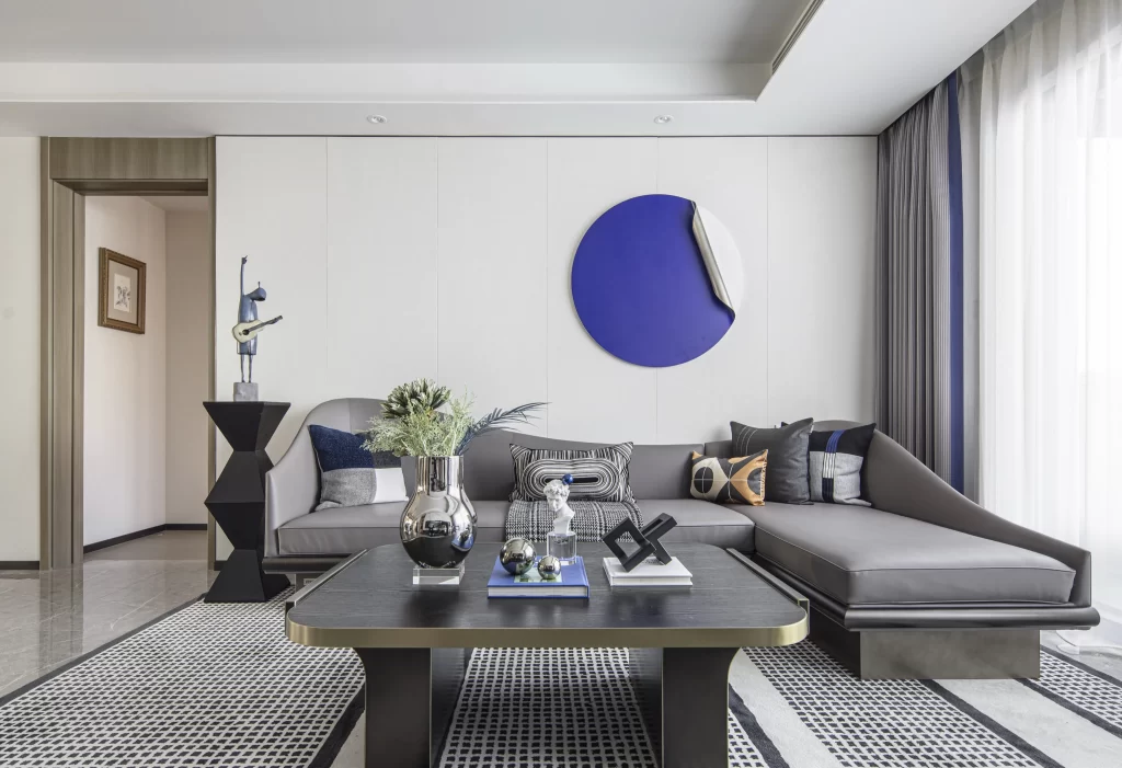 Contemporary Living Room Grey Blue White Geometric Patterns