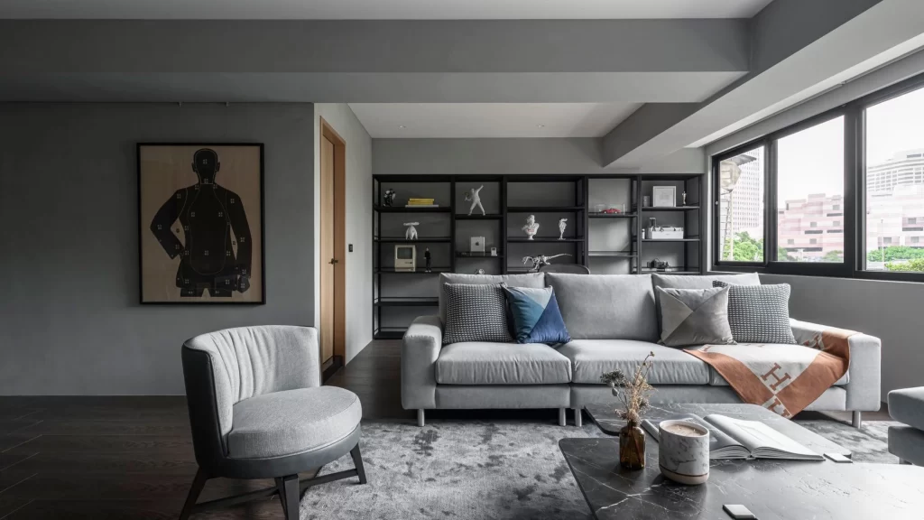Contemporary Living Room Grey Neutral Dark Wood