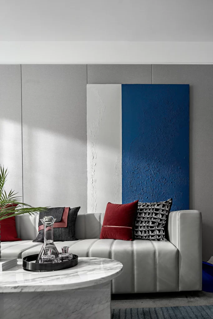 Contemporary Living Room Neutral Blue White Textured