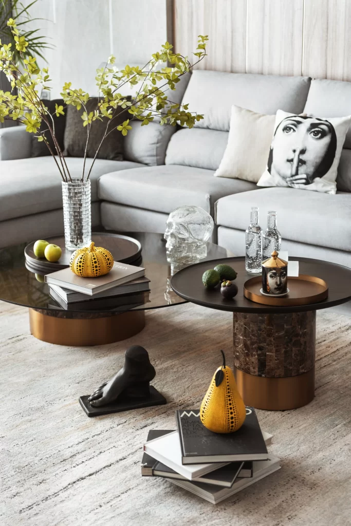 Contemporary Living Room Neutral Gray Black Gold Accents