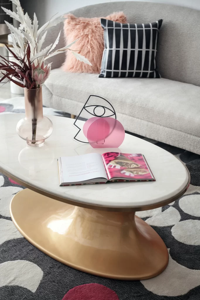 Contemporary Living Room Neutral Pink Gold Black White