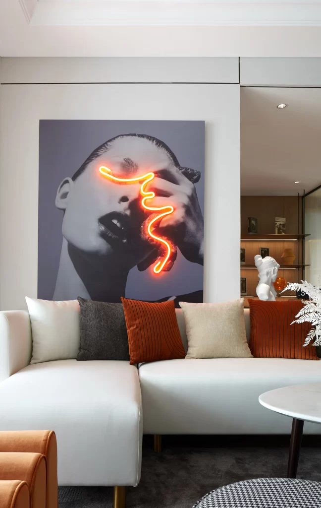 Contemporary Living Room Neutral Tones Artistic Accents Modern Furniture