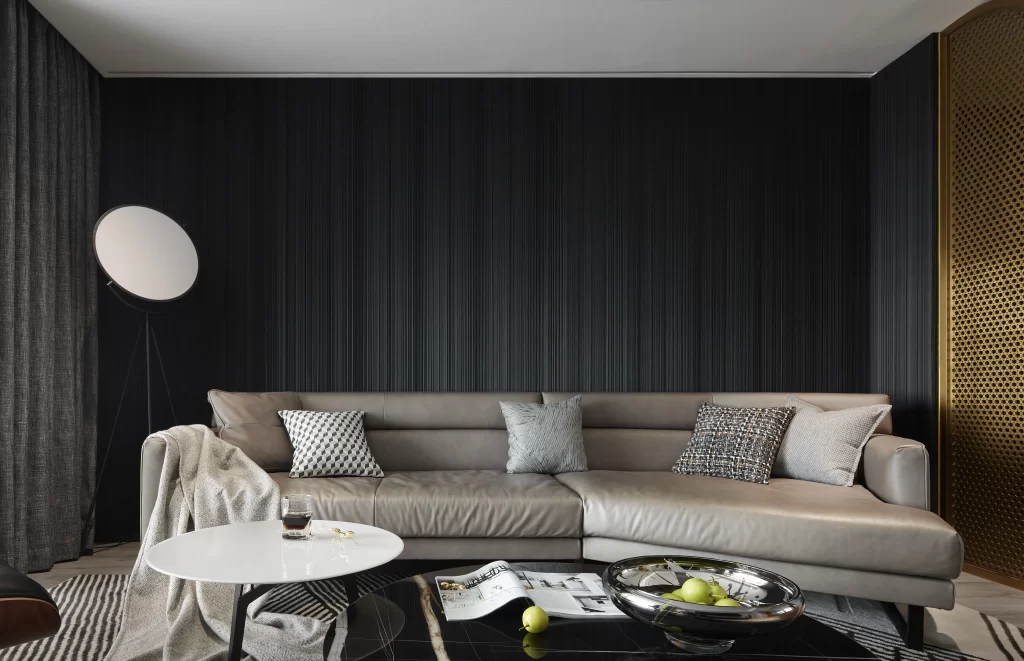 Contemporary Living Room Neutral Tones Black Accents Minimalist