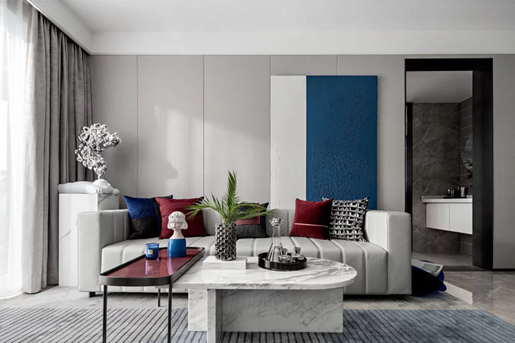 Contemporary Living Room Neutral Tones Blue Accents Minimalist