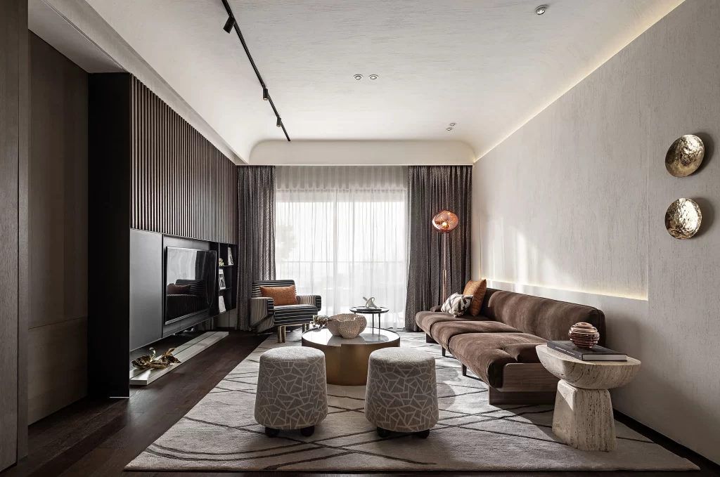 Contemporary Living Room Neutral Tones Dark Wood Accents Patterned Textures