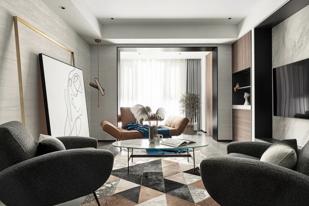 Contemporary Living Room Neutral Tones Geometric Patterns Modern Furniture