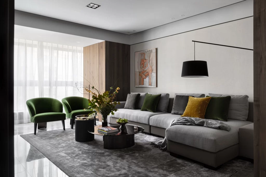 Contemporary Living Room Neutral Tones Green Accents Minimalist