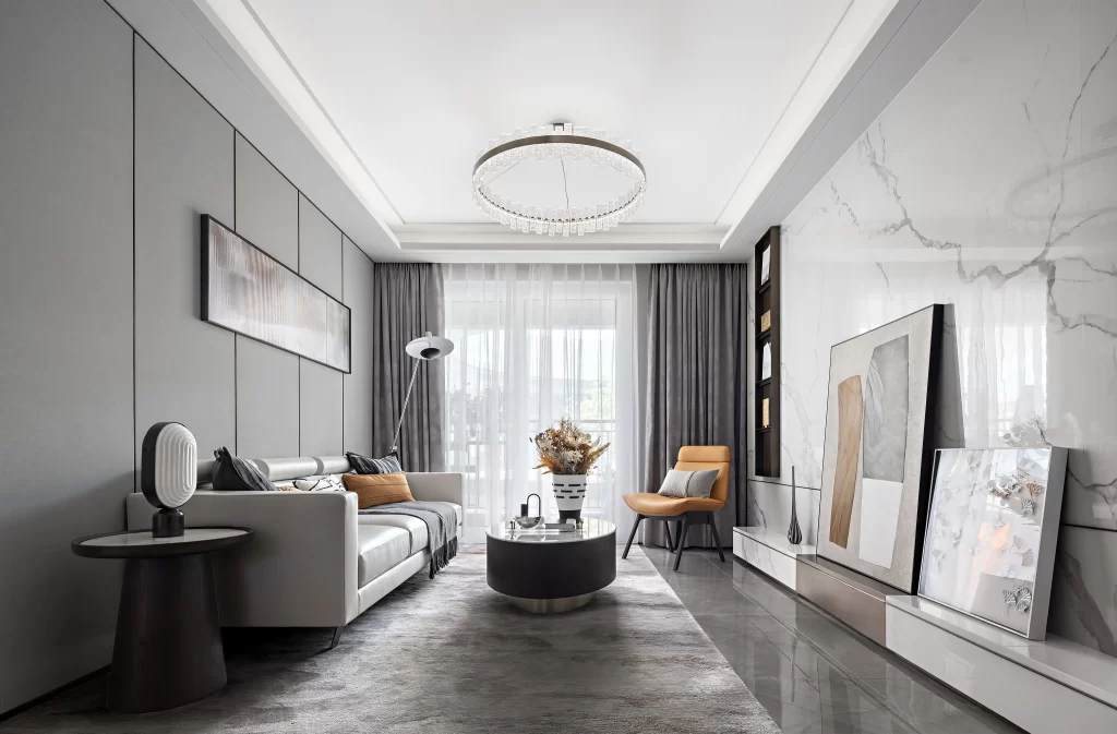 Contemporary Living Room Neutral Tones Marble Accents Gold Accents Geometric Patterns