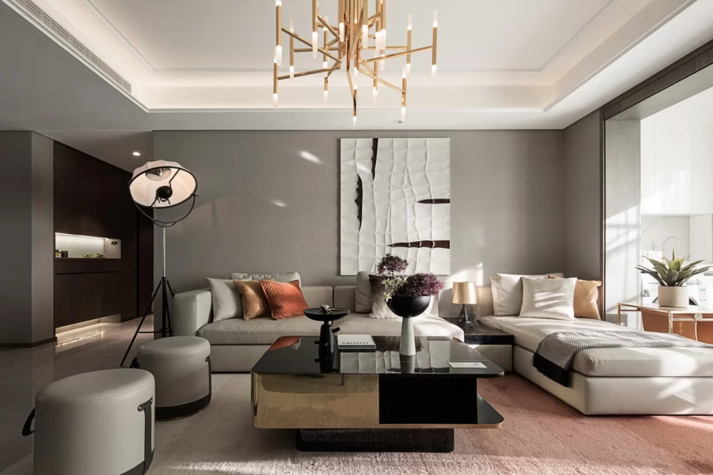 Contemporary Living Room Neutral Tones Modern Furniture Artistic Decor