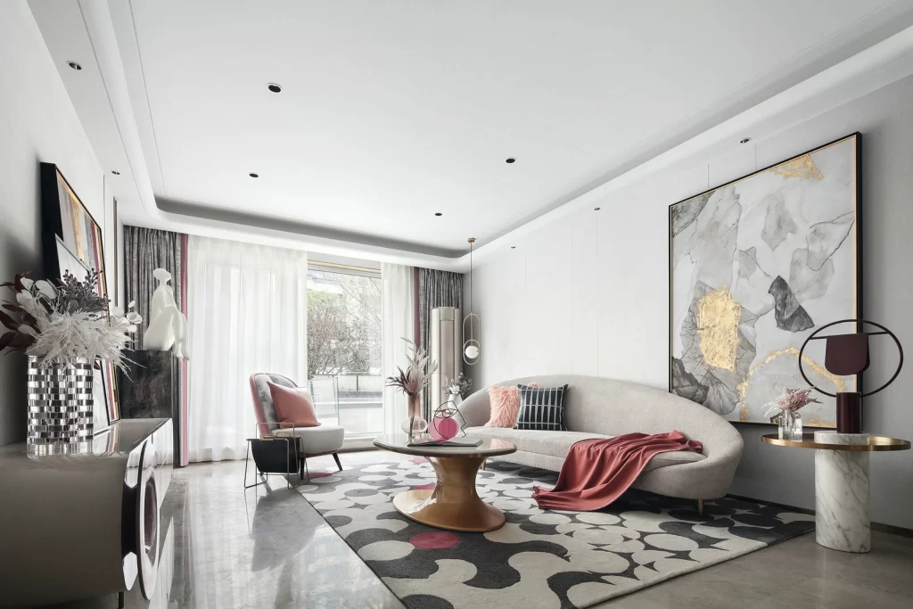 Contemporary Living Room Neutral Tones Pastel Accents Modern Furniture Artistic Decor