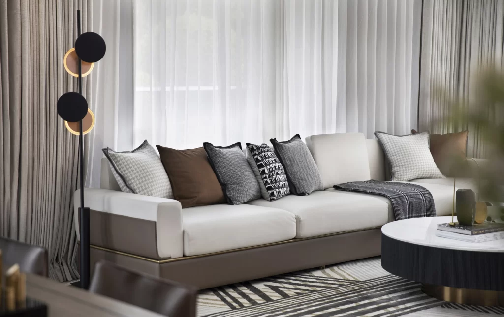 Contemporary Living Room Neutral Tones Patterned Rug Geometric Design