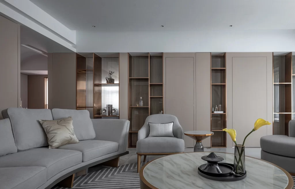 Contemporary Living Room Neutral Tones Soft Gray Marble Accents