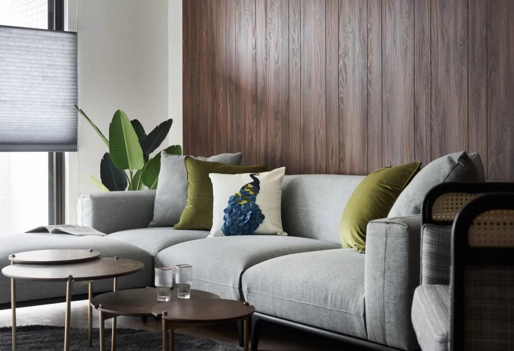 Contemporary Living Room Neutral Tones Wood Accents Greenery