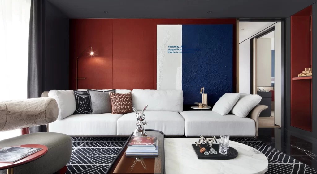 Contemporary Living Room Red Blue White Geometric Patterns