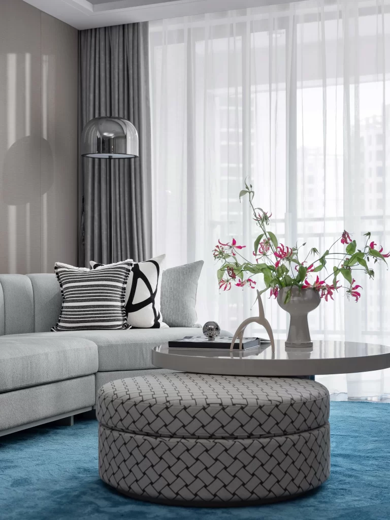 Contemporary Living Room Soft Gray Blue Accents Minimalist