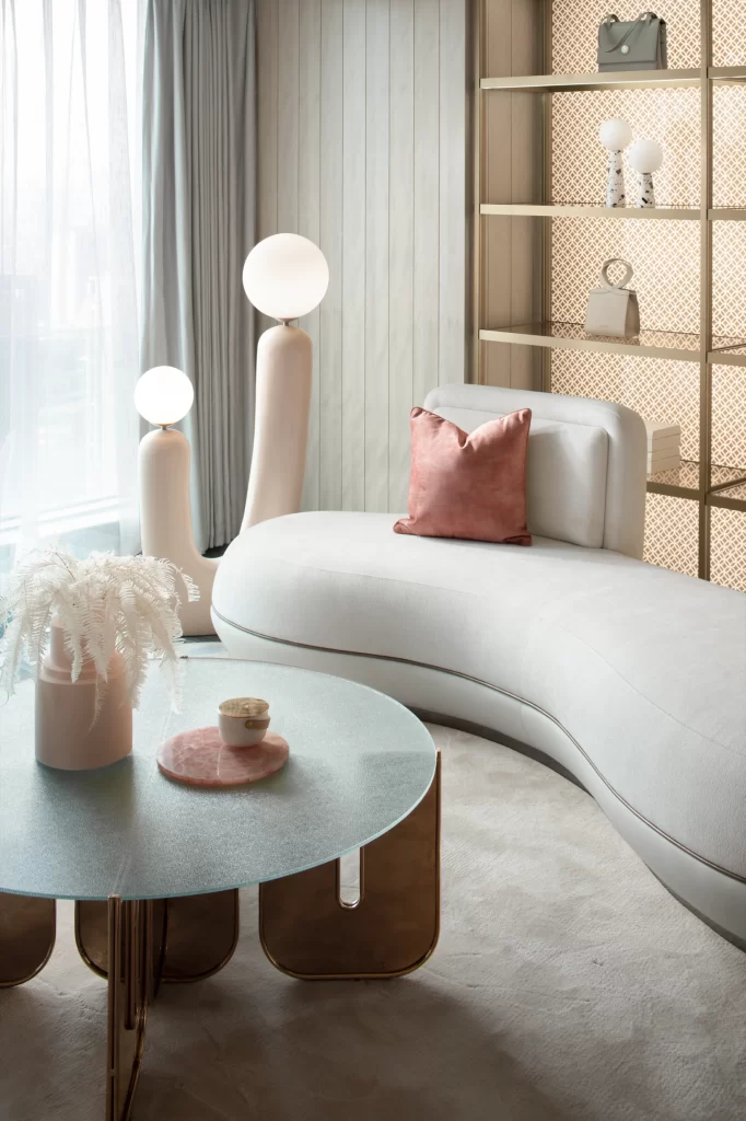 Contemporary Living Room Soft Pink Neutral Glass Furniture