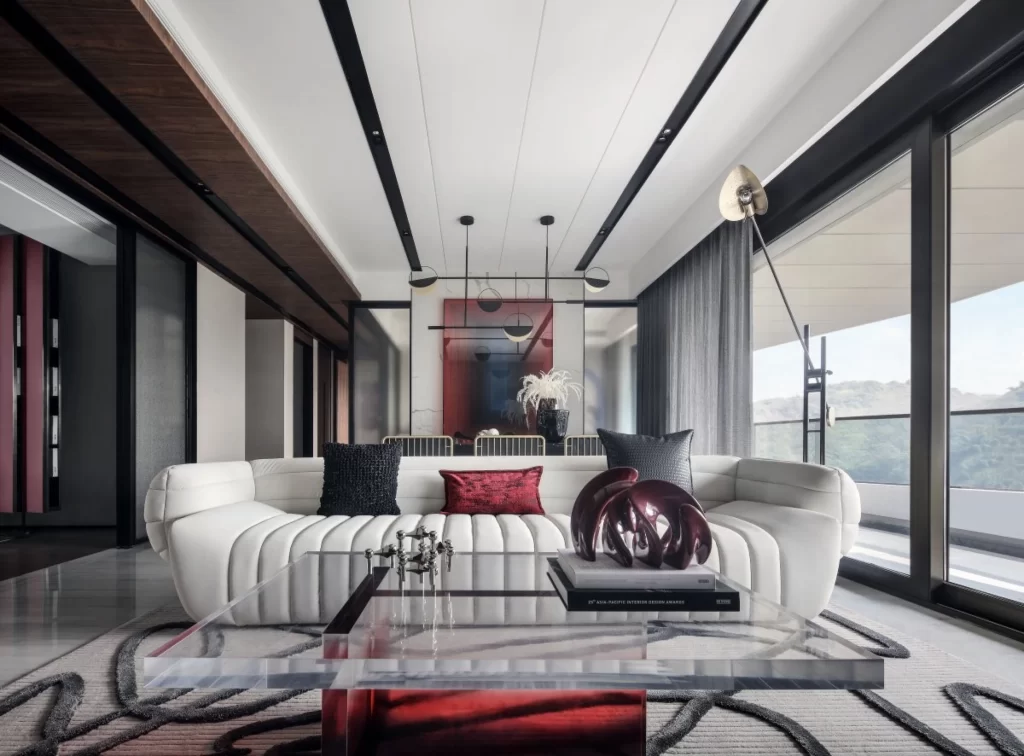 Contemporary Living Room White Black Red Glass Furniture