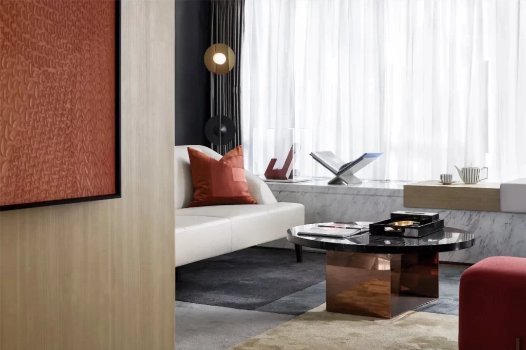 Contemporary Living Room White Black Red Marble Accents