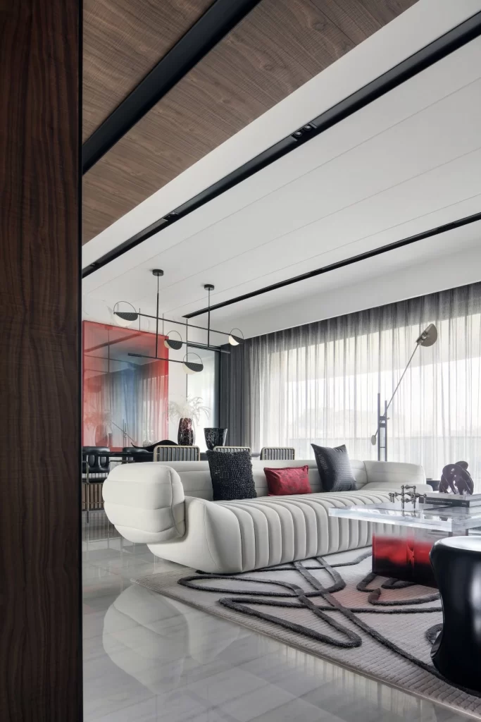 Contemporary Living Room White Black Red Wood