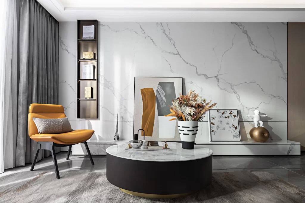 Contemporary Living Room White Marble Neutral Yellow Black