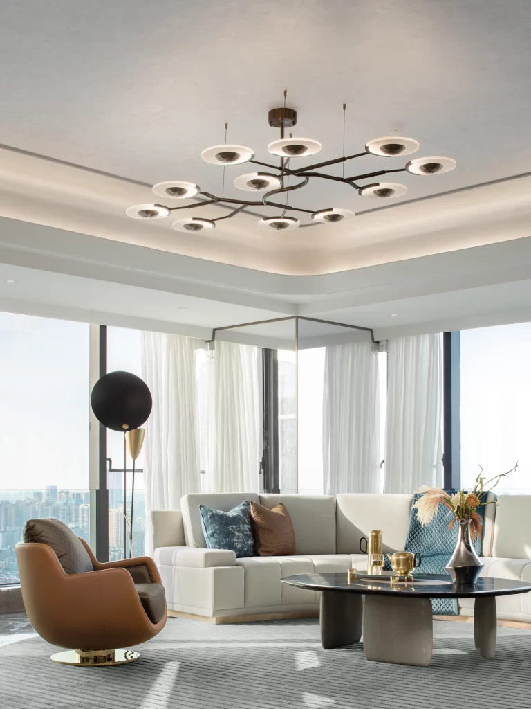 Contemporary Living Room White Neutral Black Accents Large Windows