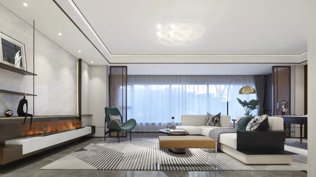 Contemporary Living Room White Neutral Dark Wood Modern