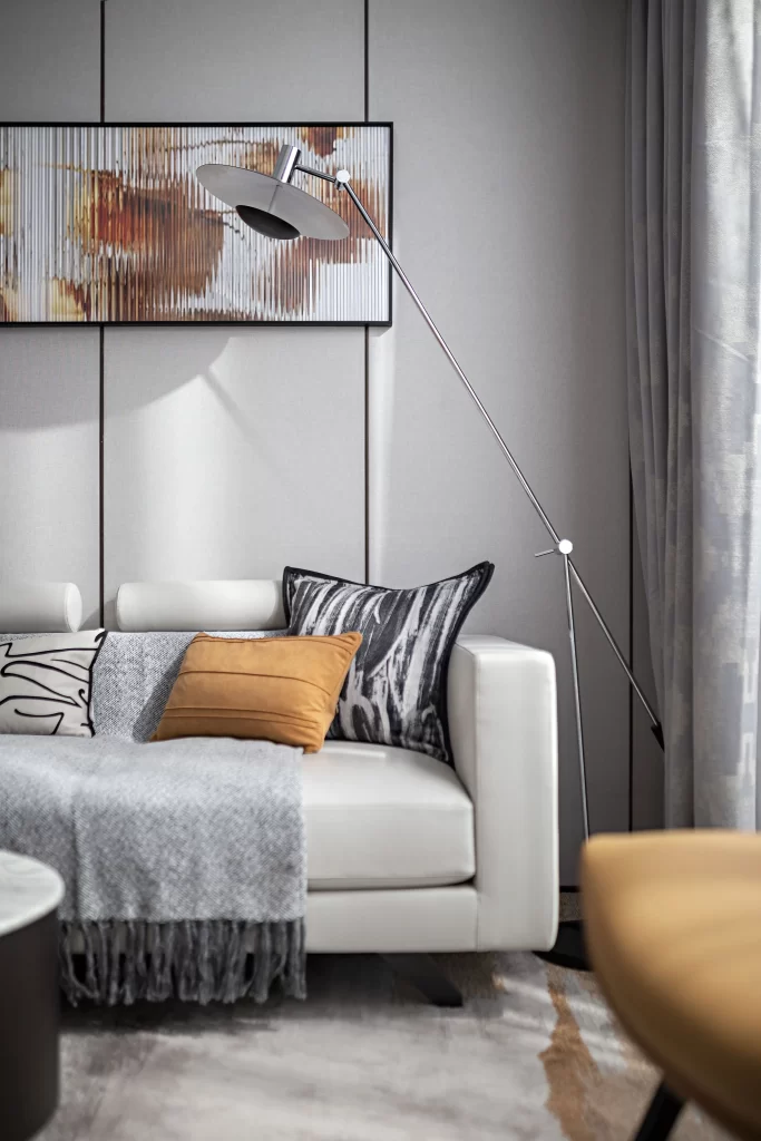 Contemporary Living Room White Neutral Gray Textured Accents