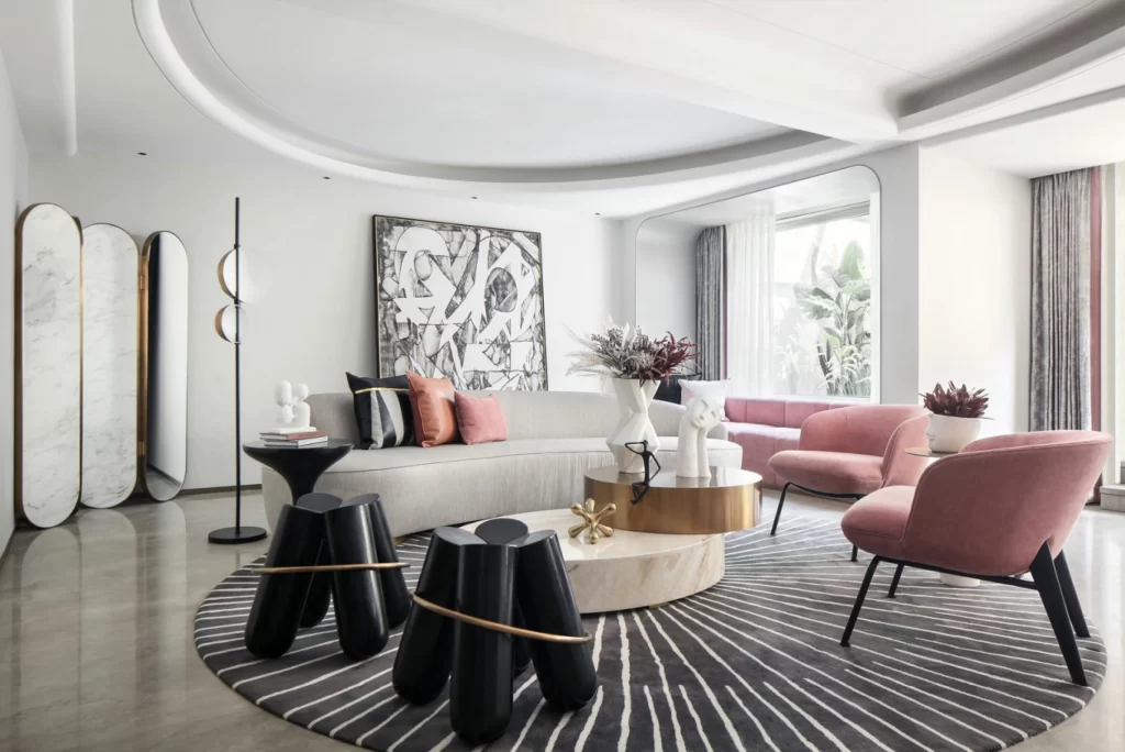 Contemporary Living Room White Pink Black Gold Artistic