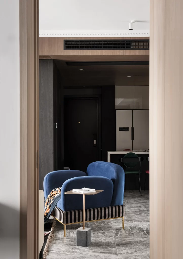 Contemporary Living Space Blue Black White Marble Floor