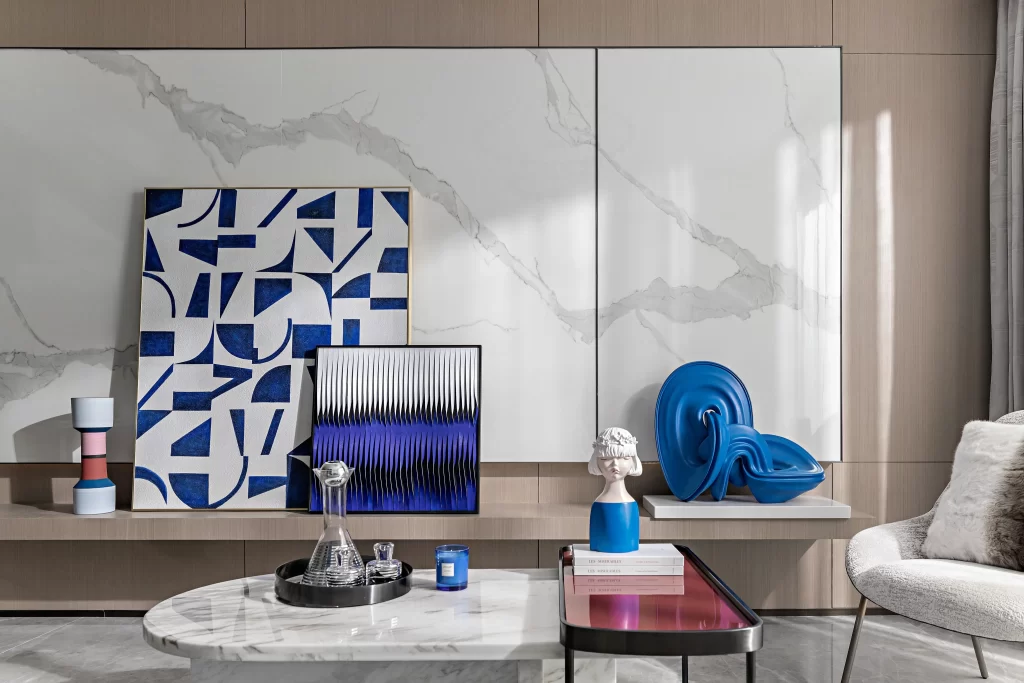 Contemporary Living Space Blue White Neutral Marble Accents
