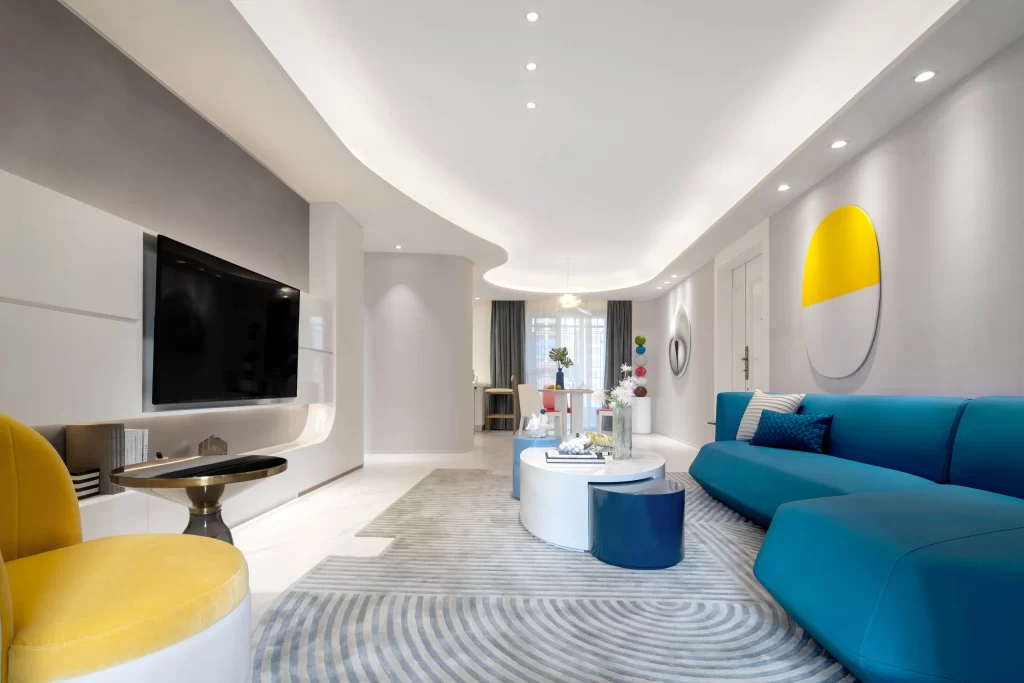 Contemporary Living Space Blue Yellow Neutral Tones Geometric Patterns