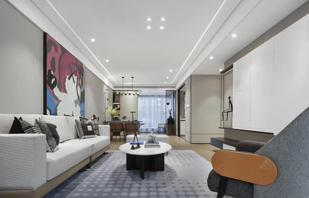 Contemporary Living Space Neutral Tones Artistic Accents Modern Furniture