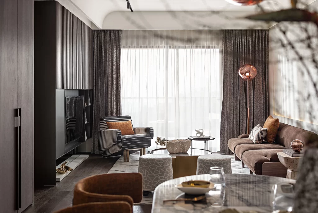 Contemporary Living Space Neutral Tones Dark Wood Accents Cozy Atmosphere