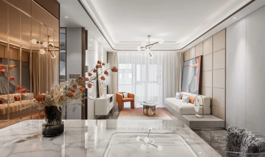 Contemporary Living Space Neutral Tones Marble Accents Modern Furniture
