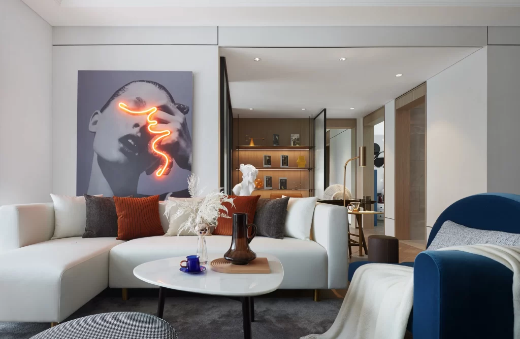 Contemporary Living Space Neutral Tones Modern Furniture Artistic Accents