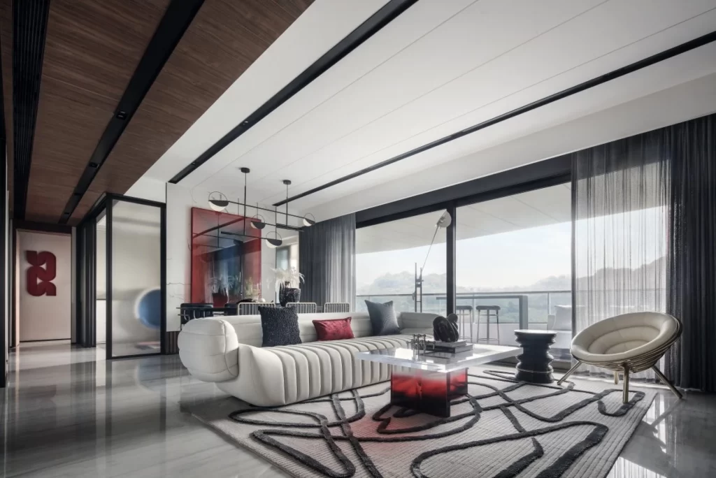 Contemporary Living Space Neutral Tones Sleek Lines Large Windows Modern Furniture