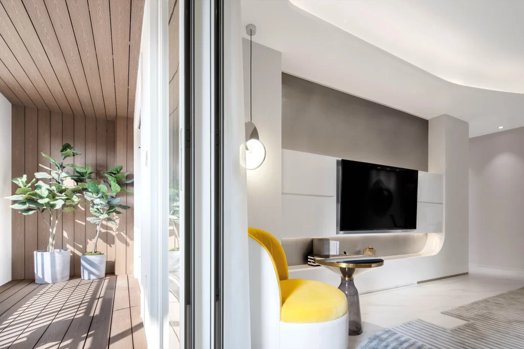 Contemporary Living Space Neutral Tones Yellow Accents Sleek Furniture