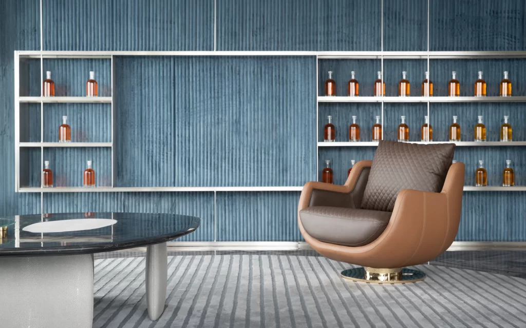 Contemporary Lounge Blue Neutral Leather Gold Accents