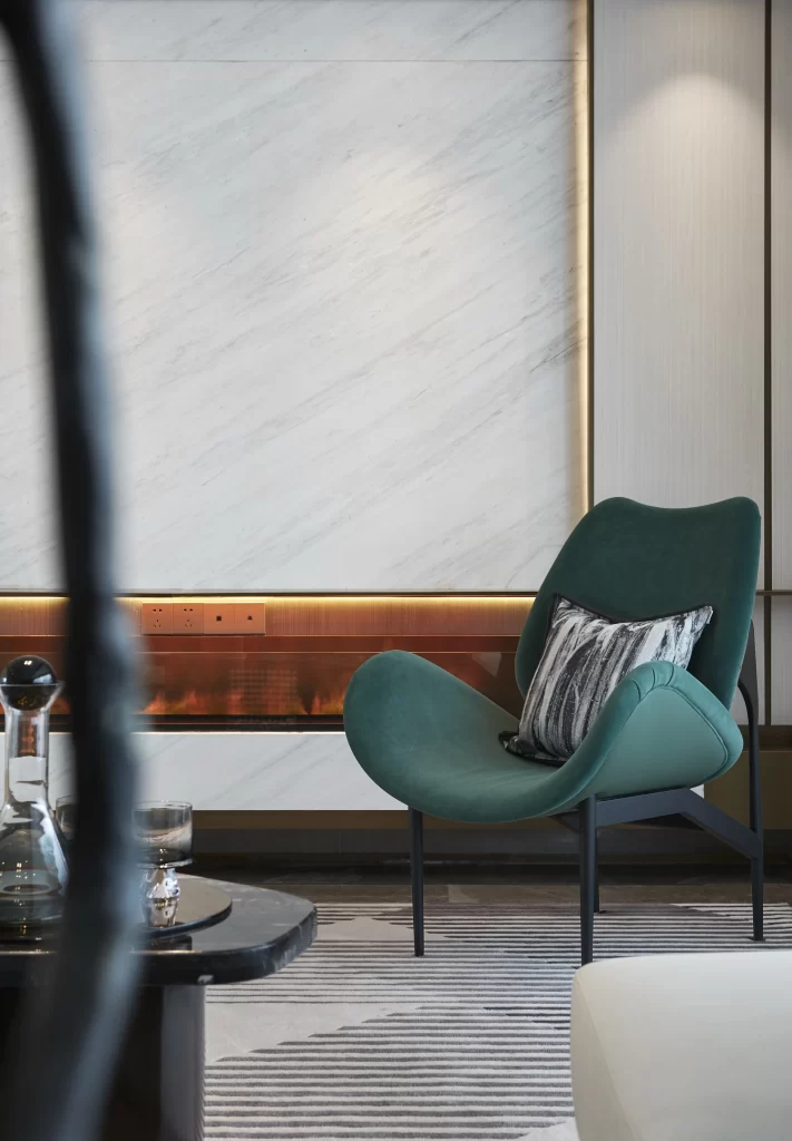 Contemporary Lounge Green Black White Marble Fireplace