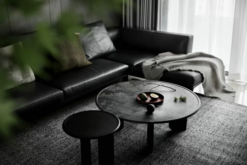 Contemporary Minimalist Living Room Black Neutral Leather Textured