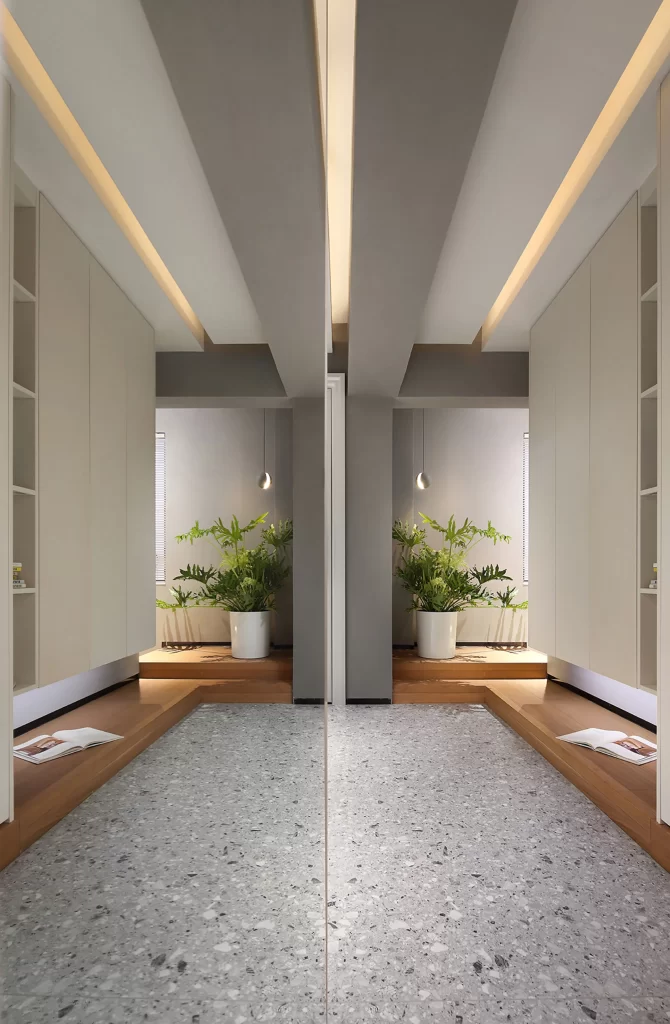 Contemporary Minimalist Study Neutral Beige Grey Terrazzo Floor