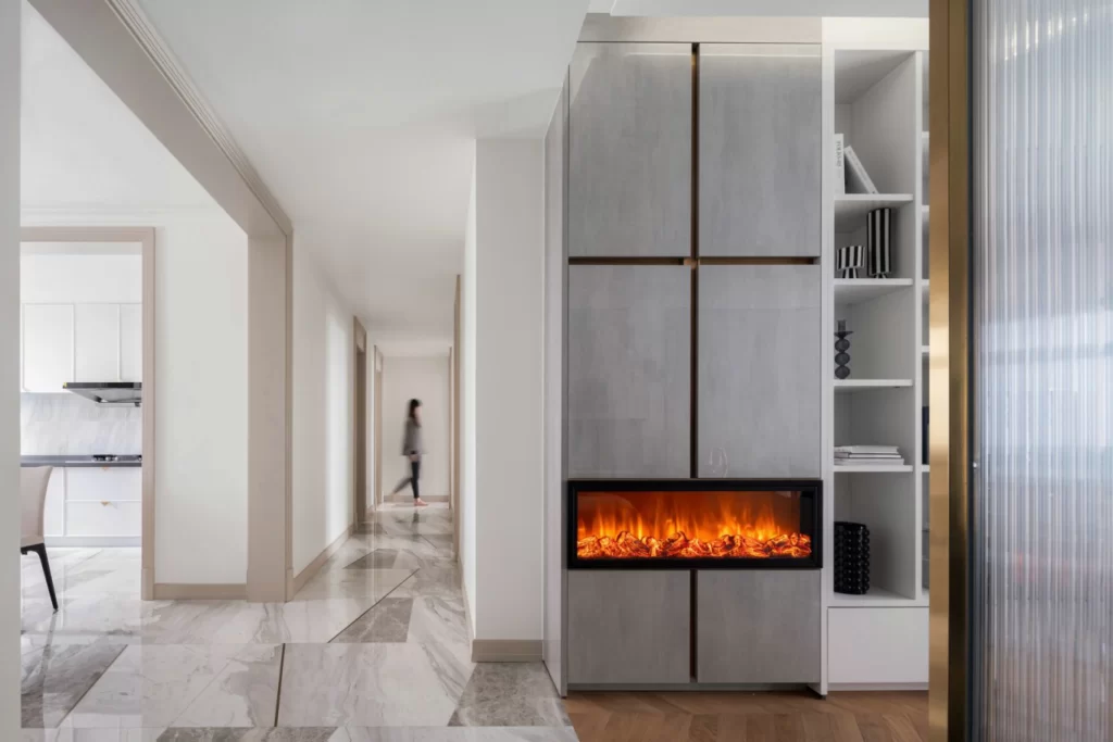 Contemporary Neutral Tiled Floor Fireplace Open Shelving